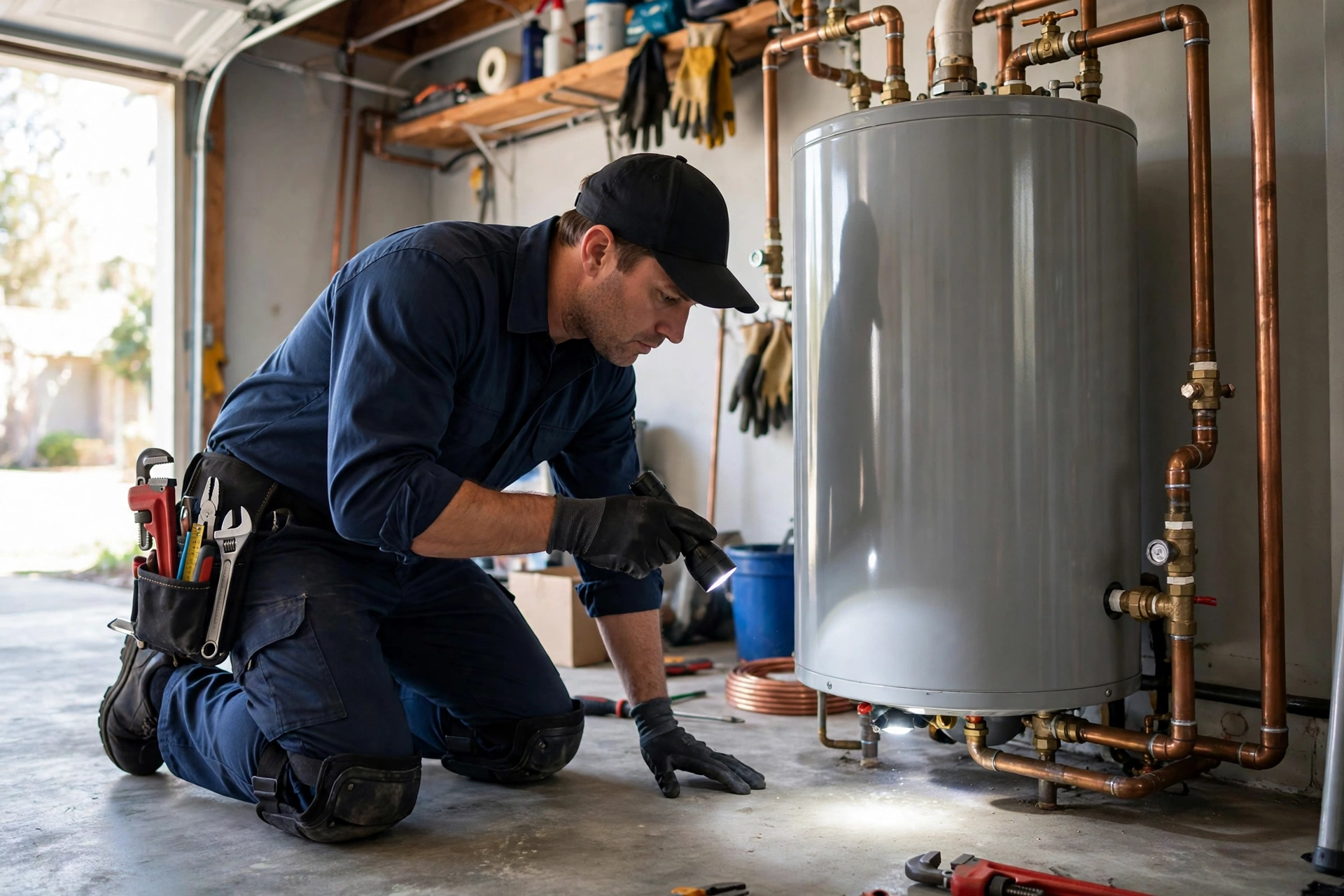 Technician testing an electric water heater element